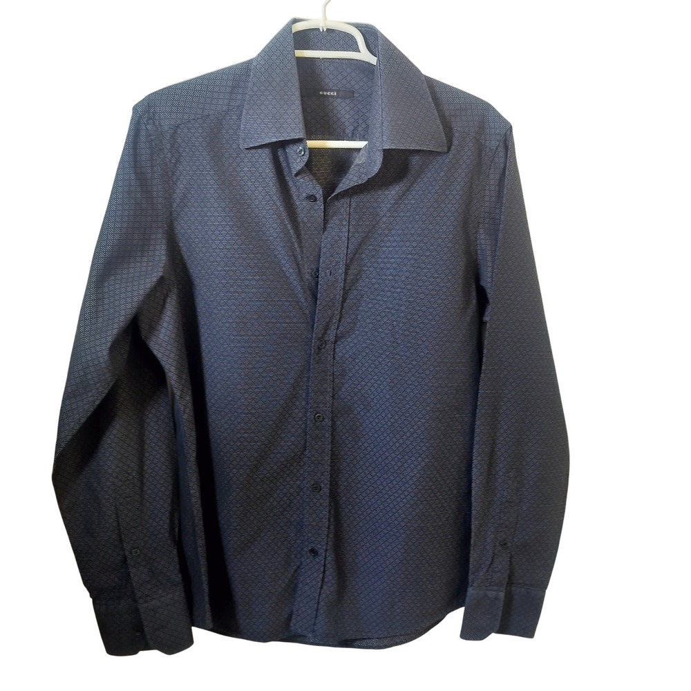 Gucci Mens Navy Blue Micro Geometric Diamond Long Sleeve Button Down Shirt 41 16